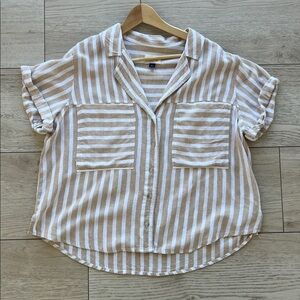 Universal thread striped button down shirt tan woman size L